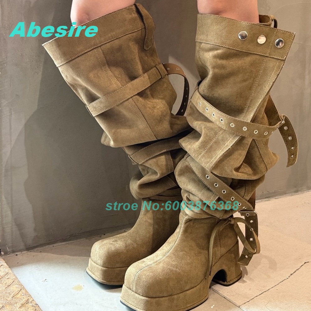 Street Fashion Y2K - Women Beige Faux Suede Platform Knee